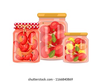 Vegetables granny preparation or conservation poster. Vector pickled peppers with peppercorn, canned tomatoes with bay leaf in big and small bottle.