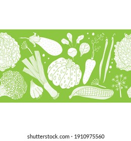 Vegetables. Green horizontal seamless border. Decorative illustration.