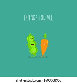 vegetables, green pea and carrot friends forever. Vector illustration. Use for the menu, in the shop, in the bar, the card or stickers. Easy to edit. 