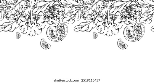 Vegetables and green salad mix for diet, healthy lifestyle, vegan cooking. Hand drawn vector ink. Illustration seamless border isolated on white background. Design recipe book, website, card, menu