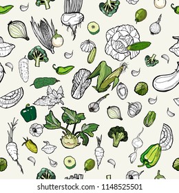 Vegetables green seamless hand drawn pattern. Vegetarian hipster food illustration. Hand drawn vector pattern of vegetables. Fresh green restaurant, menu, farm shop, harvest festival, poster, fabric.