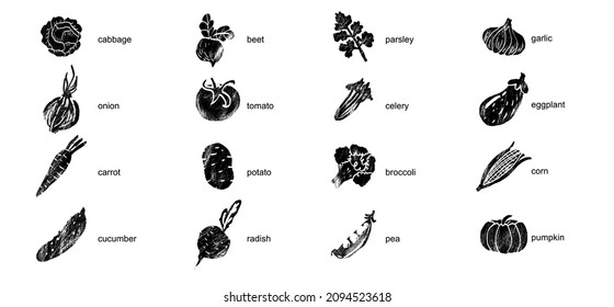 Vegetables, greenery and legumes abstract illustration. Flat vector. Vegetable icons, drawn black and white style.