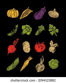 Vegetables, greenery and legumes abstract illustration. Flat vector. Vegetable icons, drawn style.