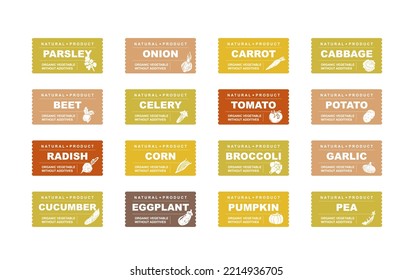 Vegetables, greenery and legumes abstract stickers and labels. Different color packaging for food preparing and culinary. Bags with fruit. parsley, onion, carrot, cabbage organic product for selling v