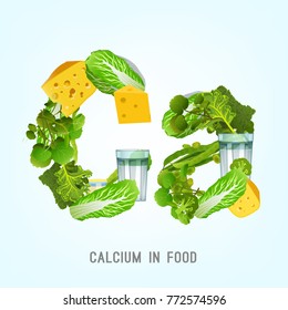 Vegetables, greens and dairy products highest in Calcium composing CA letters shape. Nutrition and healthy eating concept. Beautiful vector illustration isolated on a light background.