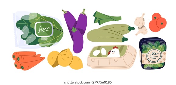 Vegetables, greens and eggs, grocery set. Spinach in pack, eggplant, zucchini, carrot. Organic natural food, healthy vegetarian ingredients. Flat vector illustration isolated on white background