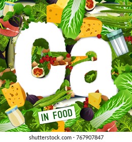 Vegetables, greens, fruits, fish and dairy products highest in Calcium composing colourful background around CA letters shape. Nutrition and healthy eating concept. Beautiful vector illustration.