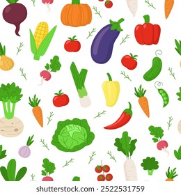Vegetables and greens seamless cartoon pattern. Vegetarian background.