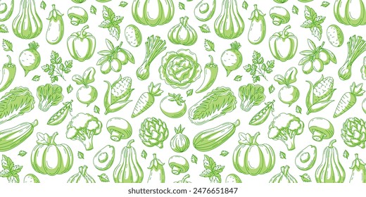 Verduras, patrón verde sin fisuras, fondo blanco aislado. Iconos vectoriales de verduras. Anuncio Horizontal minimalista. Comida orgánica, producto ecológico natural. Para la cubierta, papel de embalaje, impresión textil