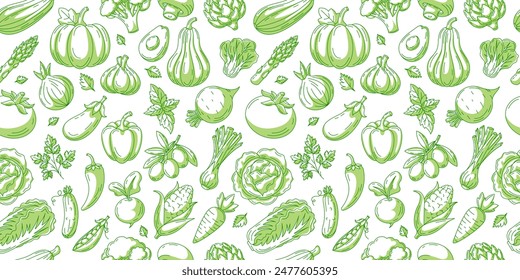 Vegetables and greens seamless pattern, isolated white background. Veggies vector icons set. Minimalist horizontal banner. Organic food, natural eco product. For cover, wrapping paper, textile print