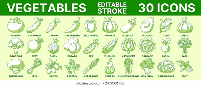 Vegetables and greens, vector minimal line icon set. Editable stroke. Vegetable icon set. Outline icons collection of veggies. Concept of farming, vegetarian food, proper nutrition, harvesting