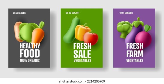 Vegetables grocery shop promo posters set, 3d render illustrations of carrot eggplant corn eggplant and broccoli