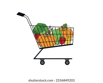 vegetables grocery trolley vector iluustration. fresh healthy organic food. shopping cart icon. online marketplace clipart symbol. cauliflower, pumpkin, carrot, papaya, etc.