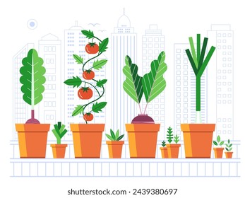 Vegetables growing in clay pots on balcony urban garden with city skyline on background. Various potted veggies on outdoor city terrace. Sustainable urban agriculture or community farming concept.