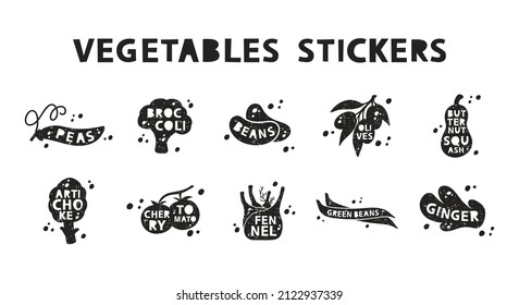 Vegetables, grunge stickers set. Peas, broccoli, beans, olives, artichoke, tomato, fennel, ginger, squash. Black texture silhouette, lettering inside. Imitation of stamp with scuffs