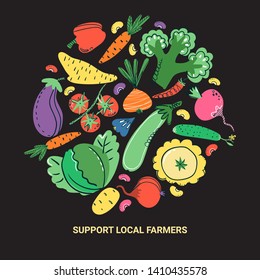 Vegetables hand drawn banner set. Healthy meal, diet, nutrition or lifestyle. Organic food restaurant and support farmers market concept. Vegetables in round composition with place for your text.