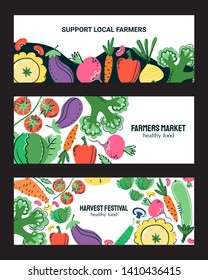 Vegetables hand drawn banner set. Healthy meal, diet, nutrition or lifestyle. Organic food restaurant and support farmers market concept. Vegetables in composition with the place for your text.