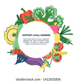 Vegetables hand drawn banner set. Healthy meal, diet, nutrition or lifestyle. Organic food restaurant and support farmers market concept. Vegetables in round composition with place for your text