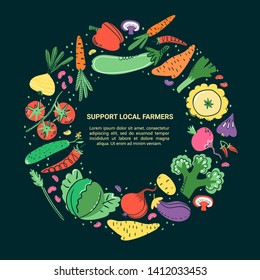 Vegetables hand drawn banner set. Healthy meal, diet, nutrition or lifestyle. Organic food restaurant and support farmers market concept. Vegetables in round composition with place for your text