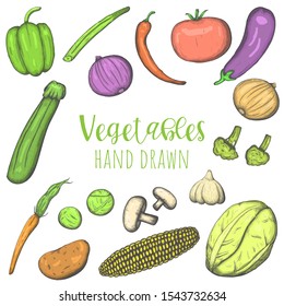 Vegetables hand drawn colored vector set, isolated sketched veggies.