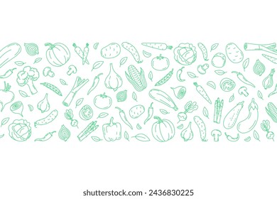 Vegetables hand drawn doodle pattern. Illustration for backgrounds, card, posters, banners. Horizontal background. Vector icons.
