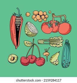 Ilustración plana dibujada a mano con vegetales. Hortalizas frescas: tomate, pepino, cebolla, aguacate, pimienta, papa. Elementos vectores de comida orgánica para el diseño web, menú vegetariano, estilo de vida saludable.