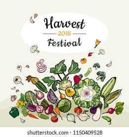 Vegetables hand drawn harvest festival poster. Vegetarian illustration for harvest festival. Hand drawn vector of isolated vegetables for poster, banner, sticker, menu, restaurant menu, farm shop.