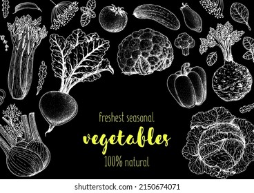 Vegetables hand drawn illustration. Top view frame. Vintage hand drawn sketch. Organic food poster. Good nutrition, healthy food. Vector illustration. Fennel, beet, celery, tomato, cucumber, cabbage