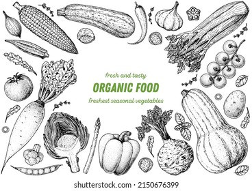 Vegetables hand drawn illustration. Top view frame. Vintage hand drawn sketch. Organic food poster. Good nutrition, healthy food. Vector illustration. Artichoke, tomato, zucchini, celery, pepper