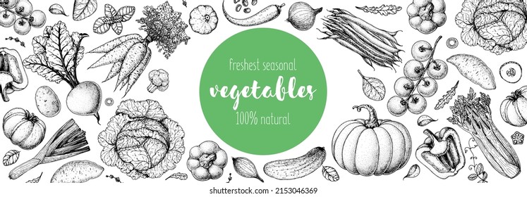 Vegetables hand drawn illustration. Top view frame. Vintage hand drawn sketch. Organic food poster. Good nutrition, healthy food. Vector illustration. Cabbage, carrot, tomato, leek, celery, tomato