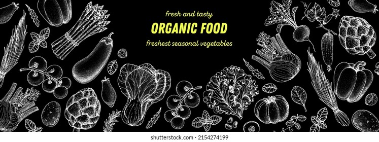 Vegetables hand drawn illustration. Top view frame. Vintage hand drawn. Organic food poster. Good nutrition, healthy food. Vector illustration. Pepper, artichoke, tomato, eggplant, salad, fennel