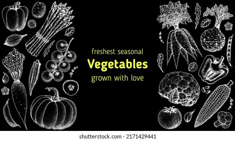 Vegetables hand drawn illustration. Top view frame. Vintage hand drawn sketch. Organic food poster. Good nutrition, healthy food. Vector illustration. Carrot, pumpkin, asparagus, okra, celery, corn