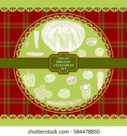 Vegetables hand drawn on checkered textile design in country style vector illustration