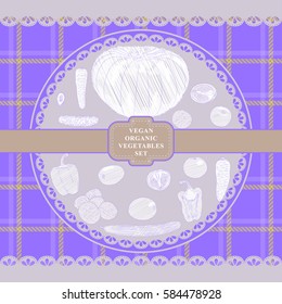 Vegetables hand drawn on checkered textile design in country style vector illustration