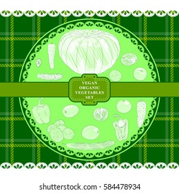 Vegetables hand drawn on checkered textile design in country style vector illustration