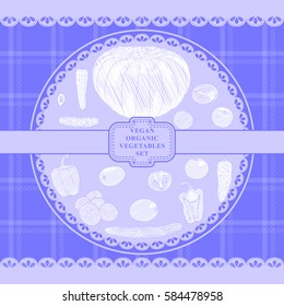 Vegetables hand drawn on checkered textile design in country style vector illustration