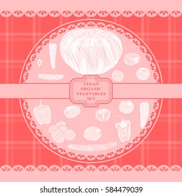 Vegetables hand drawn on checkered textile design in country style vector illustration