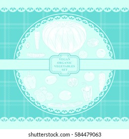 Vegetables hand drawn on checkered textile design in country style vector illustration