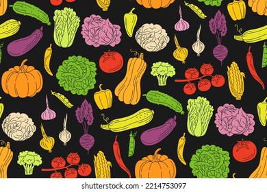 Vegetables hand drawn seamless pattern, wallpaper. Healthy diet food farm product veggies endless ornament. Farming harvest engraving cauliflower tomato cucumber pepper carrot. Cooking boundless decor