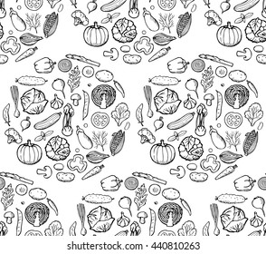 Vegetables hand drawn seamless pattern. Vector illustration of doodle vegetarian wallpaper