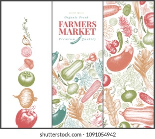 Vegetables hand drawn vector banner set. Retro engraved style illustrations. Can be use for menu, label, packaging, flyer, farm market products.