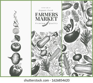 Vegetables hand drawn vector banner set. Vintage engraved style illustrations. Can be use for menu, label, packaging, flyer, farm market products.