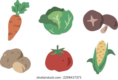 Vegetales vectores dibujados a mano conjunto de ilustración plana, repollo de zanahoria maíz de tomate