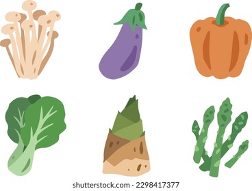 Vegetales de mano vector conjunto de ilustración plana, enoki hongo berenjena de pimienta verde boquilla choy bamboo tiro espárrago