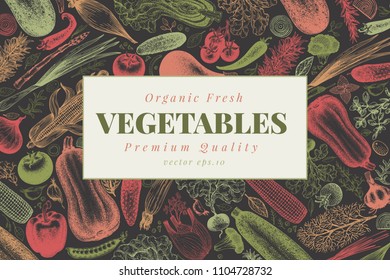 Vegetables hand drawn vector illustration. Retro engraved style banner. Can be use for menu, label, packaging, farm market products.
