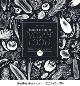 Vegetables hand drawn vector illustration on chalk board. Retro engraved style banner design. Can be use for menu, label, packaging, farm market products.