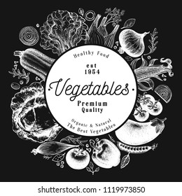 Vegetables hand drawn vector illustration on chalk board. Retro engraved style frame design. Can be use for menu, label, packaging, farm market products.