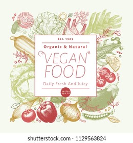 Verduras dibujadas a mano Ilustración vectorial. Diseño de marco de estilo retro grabado. Puede ser utilizado para el menú, etiqueta, embalaje, productos del mercado agrícola.
