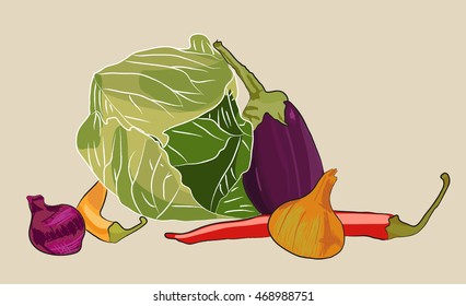 Vegetables. Hand drawn vector illustration. Eggplant. Cabbage. Onion. Paprika. Isolated.