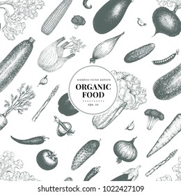 Vegetables hand drawn vector seamless pattern. Banner template. Vintage Vegetable engraved style background. Can be use for menu, label, packaging, farm market